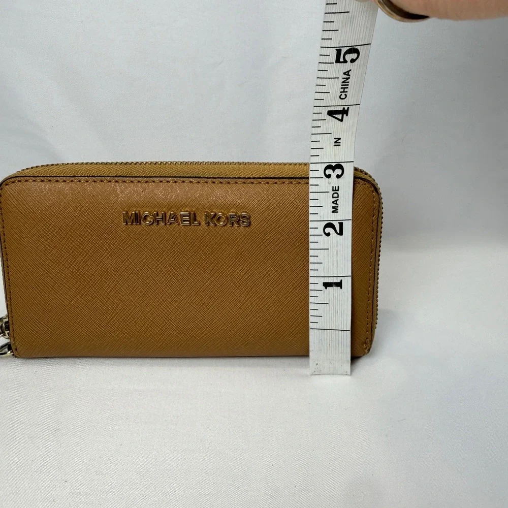 Michael Kors Zip Around Wallet Womens OS Luggage Brown Saffiano Leather Jet Set